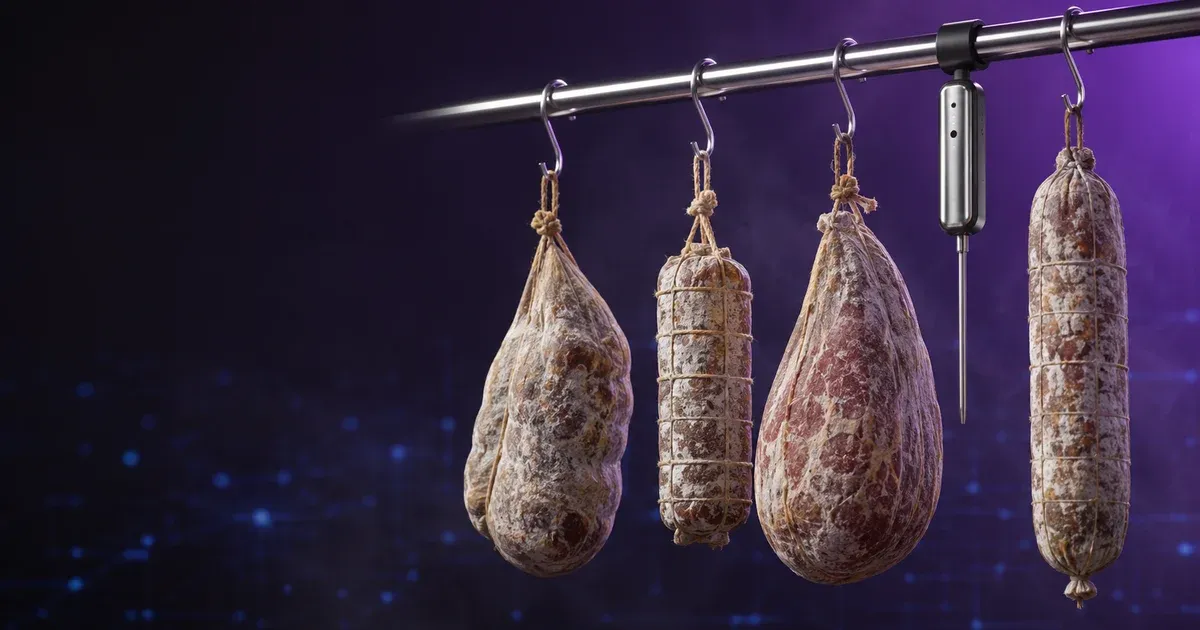 Whole-muscle salami and cured meats hanging on a stainless rail with a clipped-on humidity sensor, illustrating curing-chamber control