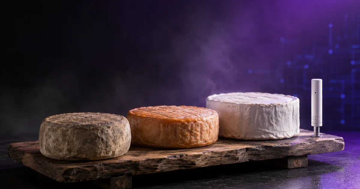 Aging cheese wheels on a wooden shelf beside a temperature and humidity sensor, illustrating cheese-cave climate control