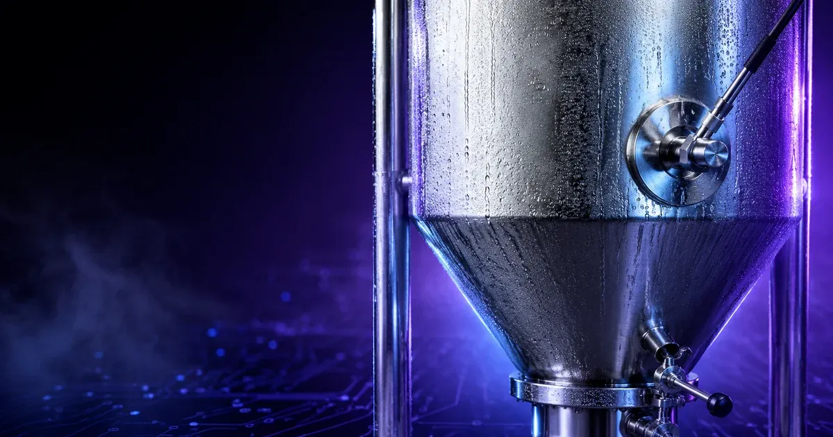 A frost-sheened stainless conical fermenter with condensation and a thermowell probe, illustrating cold-crash temperature automation