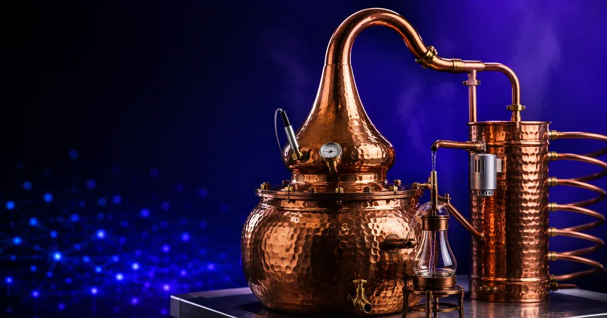 A gleaming copper pot still with a temperature probe at the head and a thin stream of clear spirit, illustrating still-run monitoring