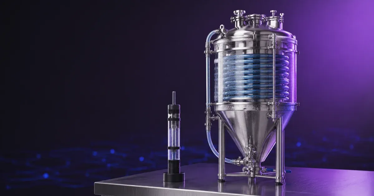A stainless conical fermenter with a glycol jacket beside a floating digital hydrometer sensor, illustrating closed-loop fermentation temperature control