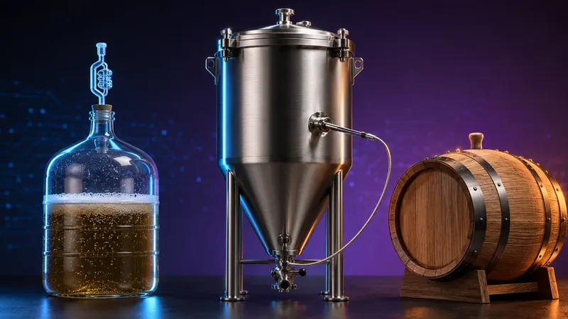 A glass carboy of fermenting ale with an airlock, a stainless conical fermenter with a thermowell temperature probe, and an oak barrel lit from cool blue to warm amber, illustrating fermentation temperature ranges by beverage style