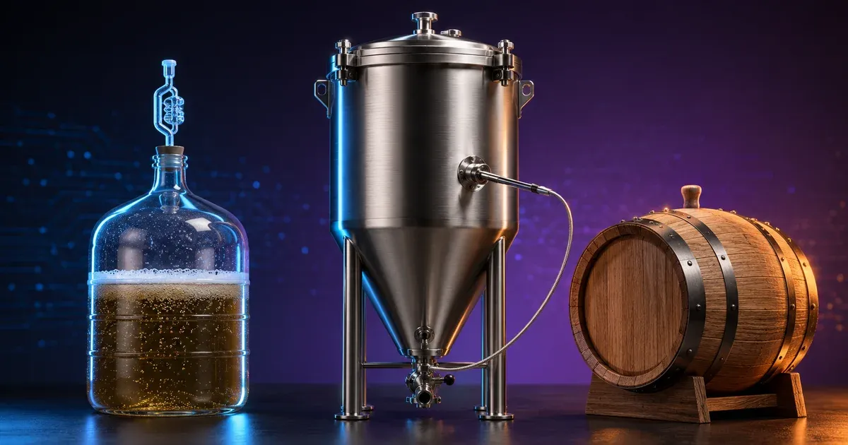 A glass carboy of fermenting ale with an airlock, a stainless conical fermenter with a thermowell temperature probe, and an oak barrel lit from cool blue to warm amber, illustrating fermentation temperature ranges by beverage style
