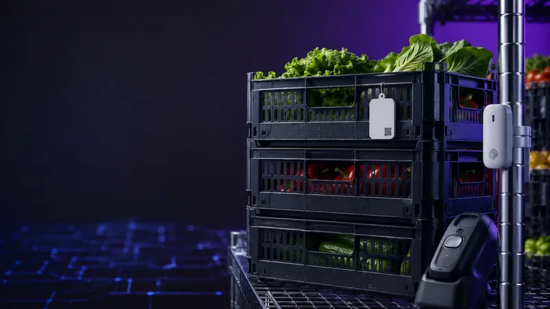 Stacked produce crates in cold storage with a scannable traceability tag and a temperature sensor, illustrating FSMA 204 food traceability and lot-code tracking