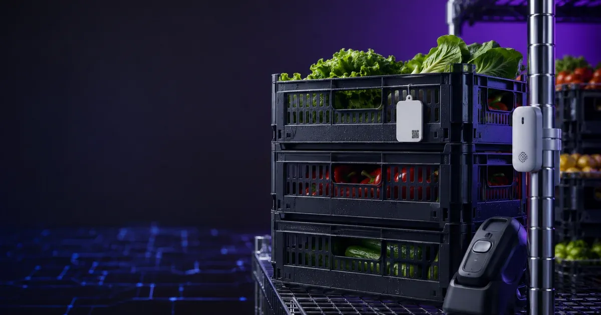 Stacked produce crates in cold storage with a scannable traceability tag and a temperature sensor, illustrating FSMA 204 food traceability and lot-code tracking