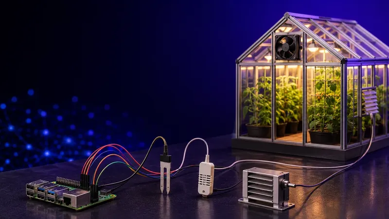 A Raspberry Pi wired to a soil-moisture stake, a temperature-humidity sensor, and a vent actuator beside a miniature glass greenhouse with an exhaust fan, illustrating DIY greenhouse automation with Node-RED