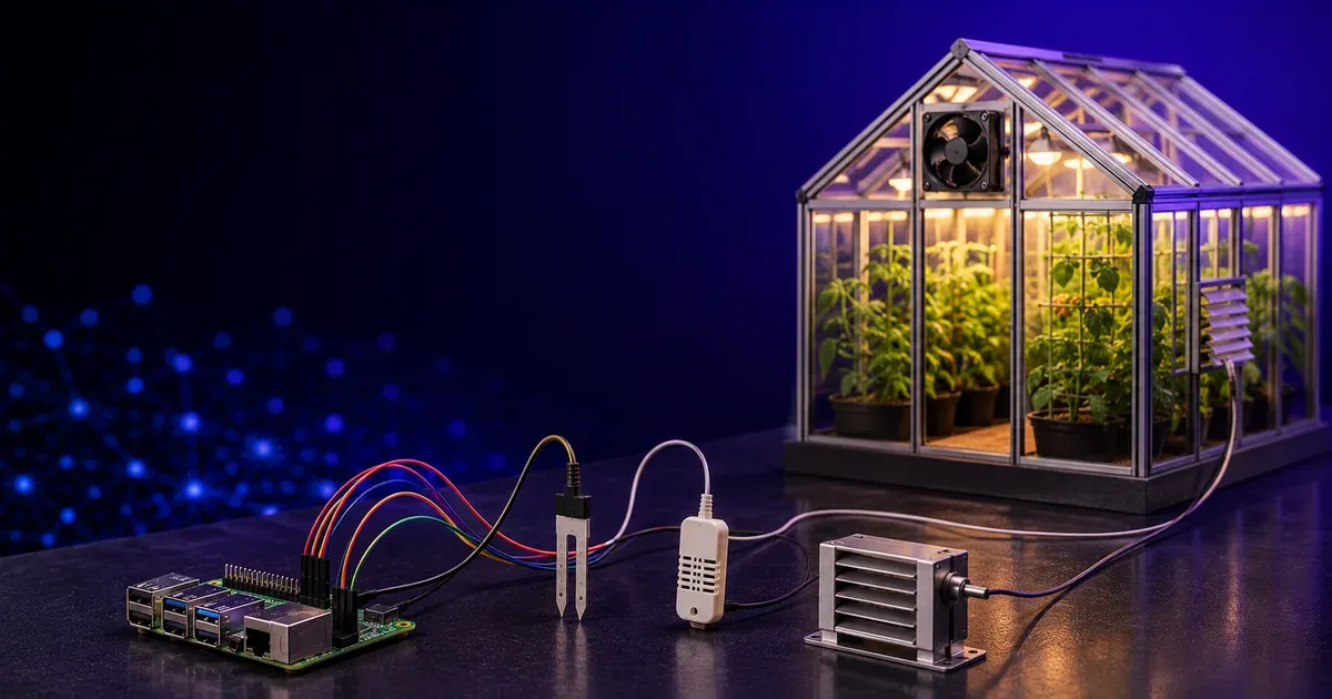 A Raspberry Pi wired to a soil-moisture stake, a temperature-humidity sensor, and a vent actuator beside a miniature glass greenhouse with an exhaust fan, illustrating DIY greenhouse automation with Node-RED