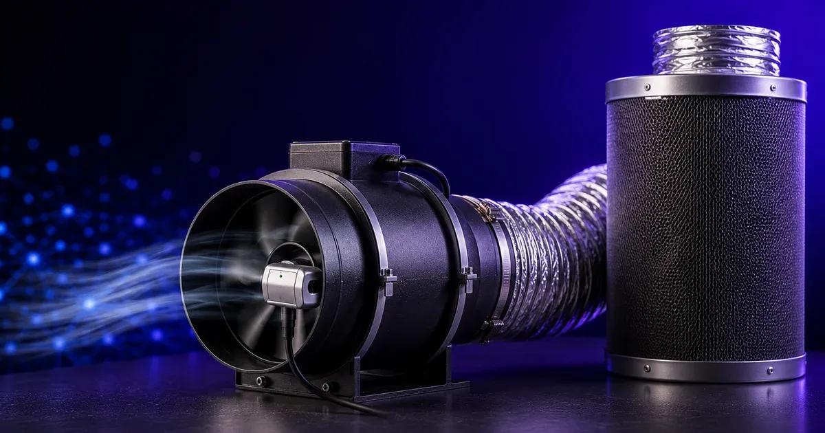 An inline exhaust duct fan connected to a carbon filter with ducting, illustrating grow-room exhaust fan CFM sizing and ventilation