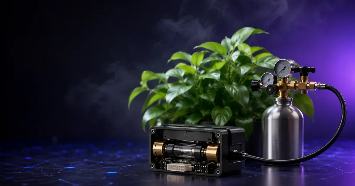 An NDIR CO₂ sensor and a CO₂ tank with regulator beside a lush plant, illustrating grow-room CO₂ enrichment and setpoint control