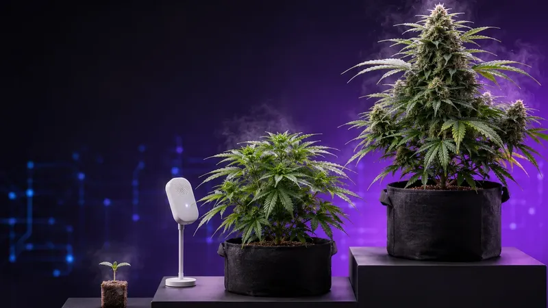A seedling, a vegetative plant, and a flowering plant in fabric pots arranged as ascending growth stages beside a temperature and humidity sensor in fine humidity mist, illustrating VPD targets by growth stage