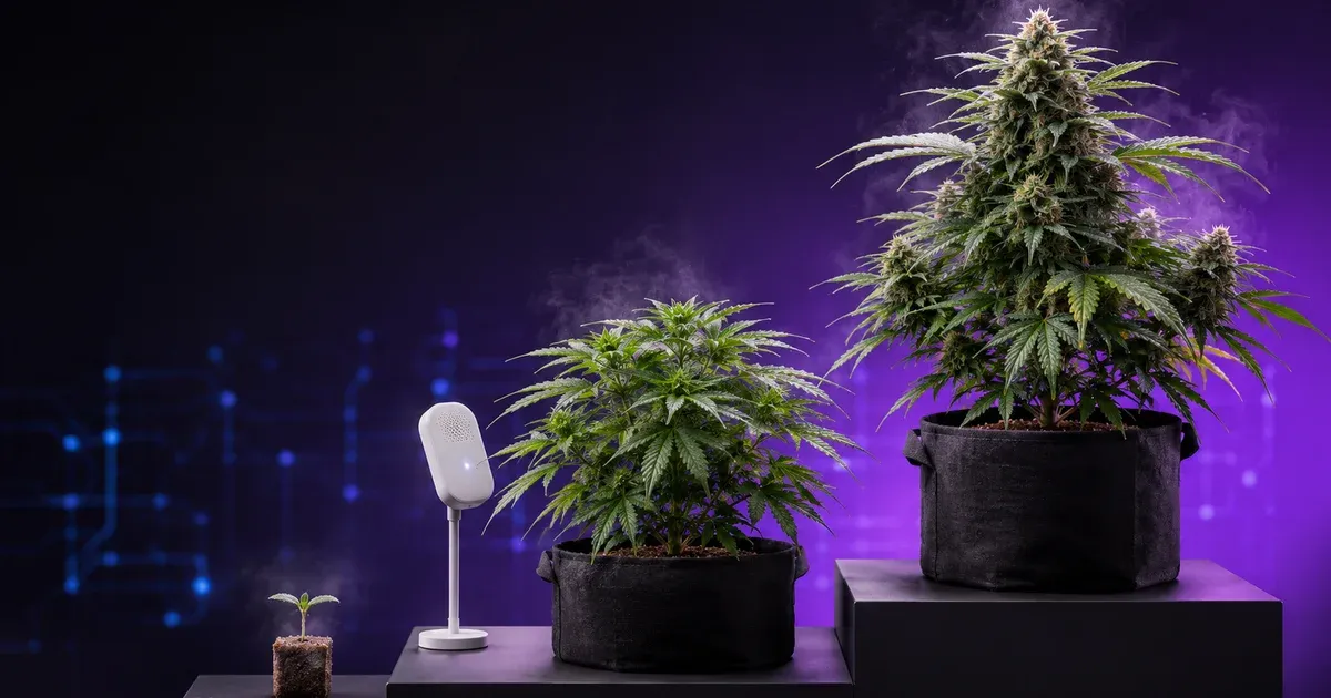 A seedling, a vegetative plant, and a flowering plant in fabric pots arranged as ascending growth stages beside a temperature and humidity sensor in fine humidity mist, illustrating VPD targets by growth stage