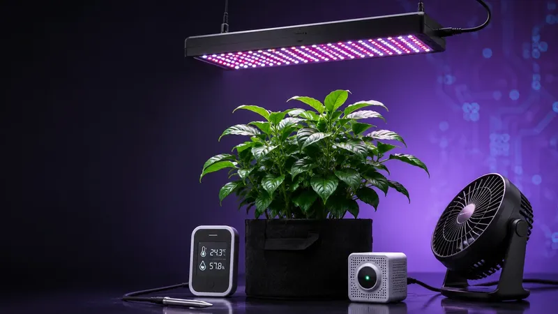 A healthy plant under a full-spectrum LED grow light surrounded by temperature, humidity, and CO₂ sensors and a circulation fan, illustrating complete indoor grow-environment control