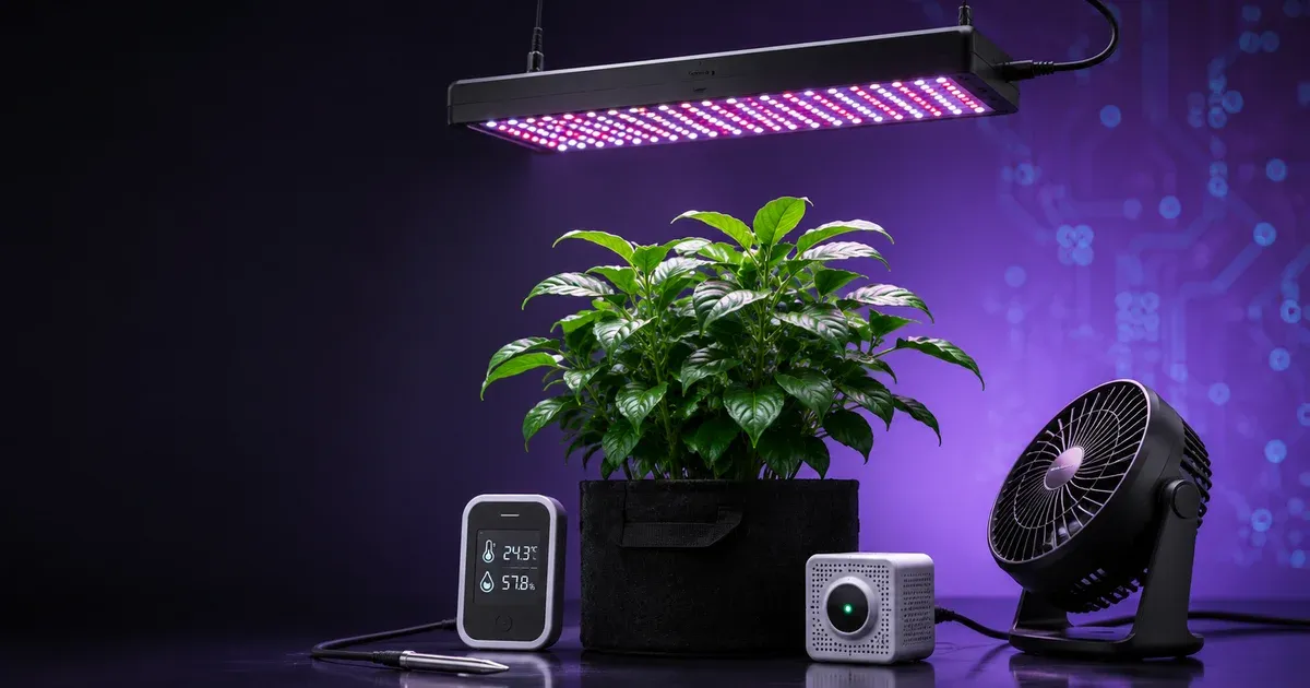A healthy plant under a full-spectrum LED grow light surrounded by temperature, humidity, and CO₂ sensors and a circulation fan, illustrating complete indoor grow-environment control