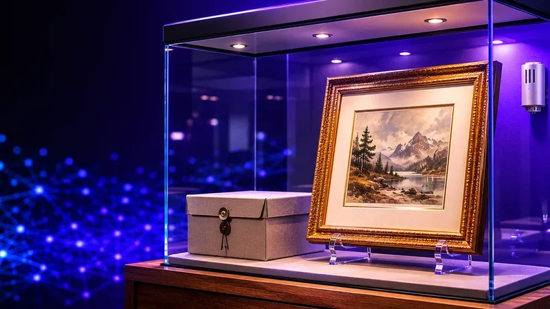 A framed artwork in a protective display case beside a wall-mounted environmental sensor, illustrating museum and archive climate monitoring