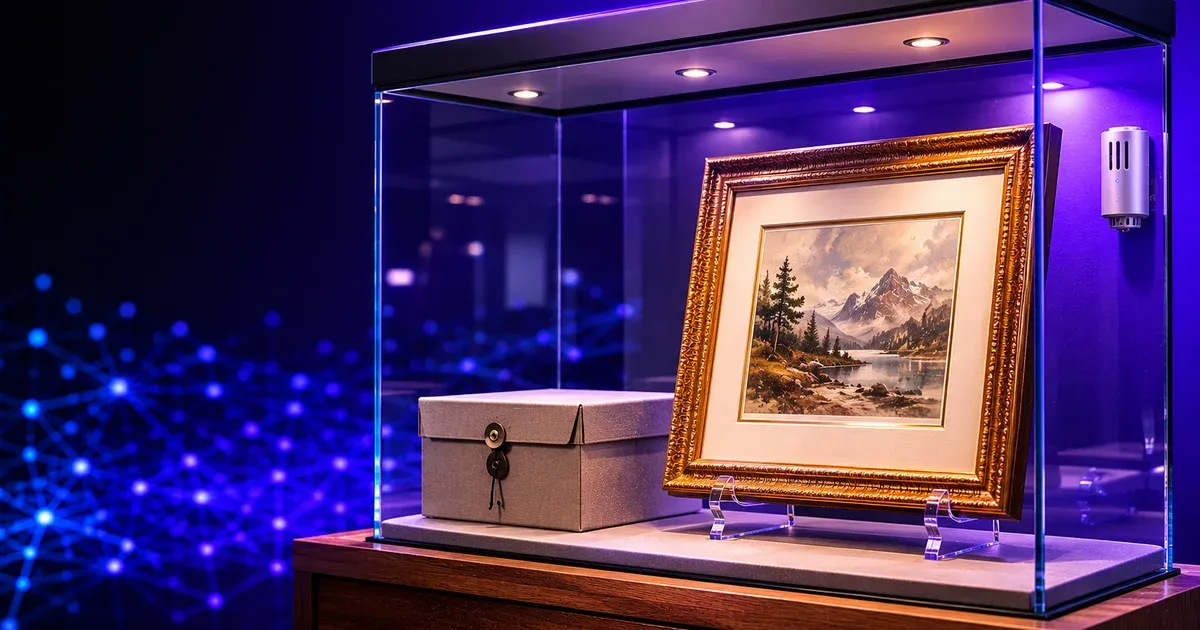 A framed artwork in a protective display case beside a wall-mounted environmental sensor, illustrating museum and archive climate monitoring