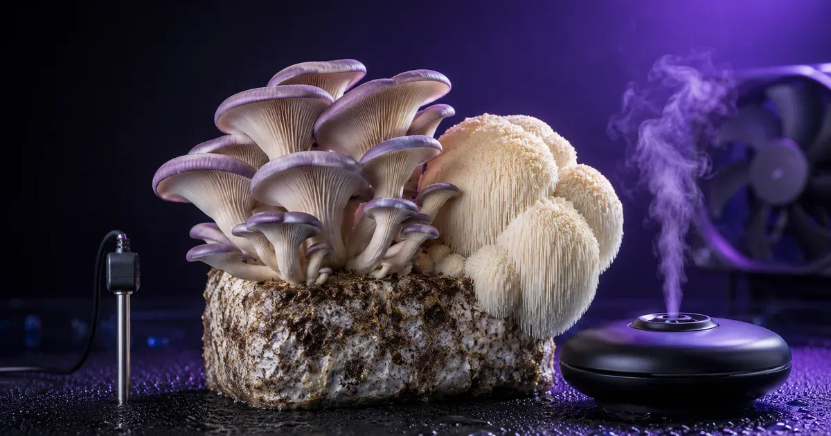 A cluster of gourmet oyster mushrooms fruiting beside a humidity sensor and ultrasonic fogger, illustrating mushroom fruiting humidity and fresh-air exchange
