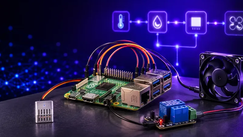 A Raspberry Pi wired to a temperature sensor and a relay driving a small fan, illustrating a Node-RED and MQTT greenhouse temperature controller