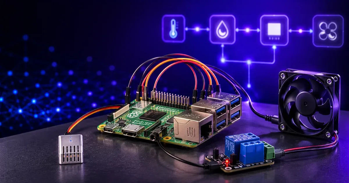 A Raspberry Pi wired to a temperature sensor and a relay driving a small fan, illustrating a Node-RED and MQTT greenhouse temperature controller
