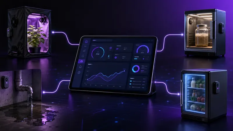 Four real automation projects on LoopString's free tier — grow tent, fermentation chamber, utility leak watchdog, and cold storage — on one dashboard