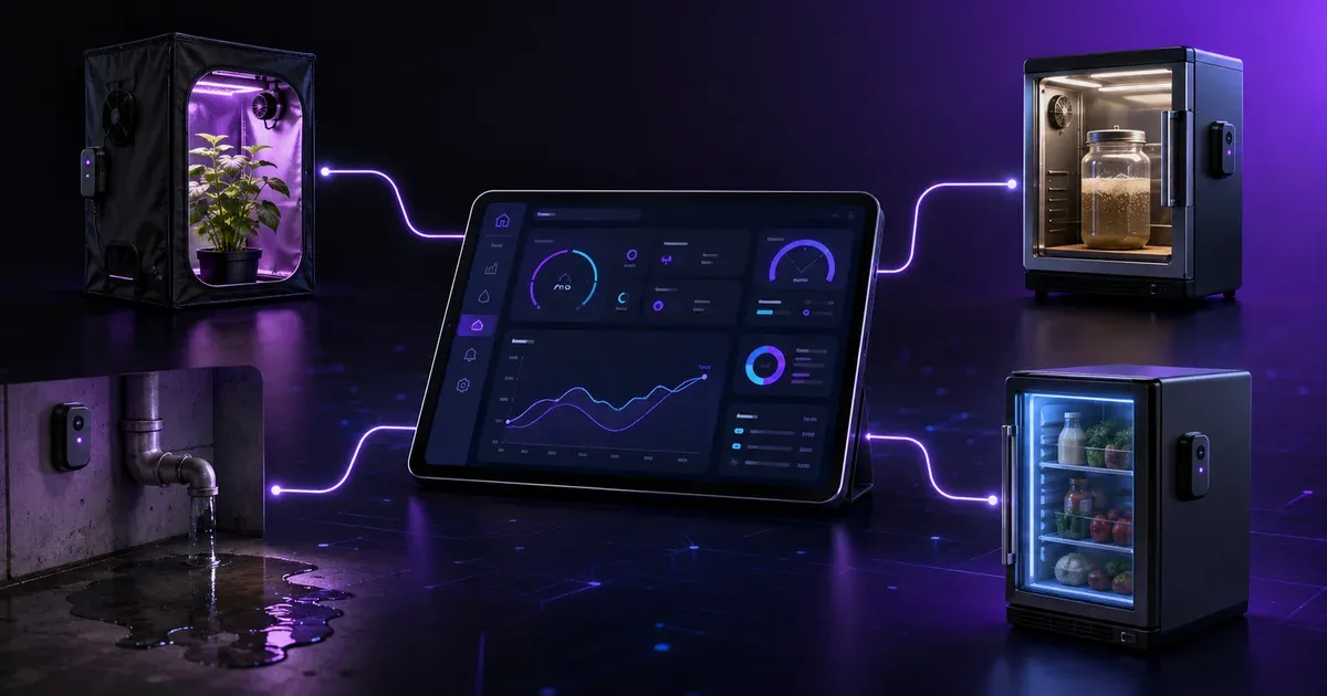 Four real automation projects on LoopString's free tier — grow tent, fermentation chamber, utility leak watchdog, and cold storage — on one dashboard