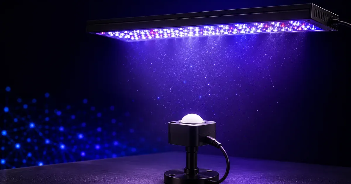 An LED grow-light bar above a quantum PAR sensor measuring light intensity, illustrating PPFD to DLI conversion for grow lighting