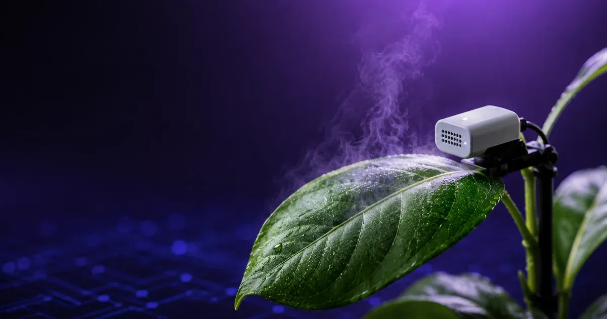 A healthy plant leaf with a temperature and humidity sensor and a faint vapor haze, illustrating vapor pressure deficit control by growth stage