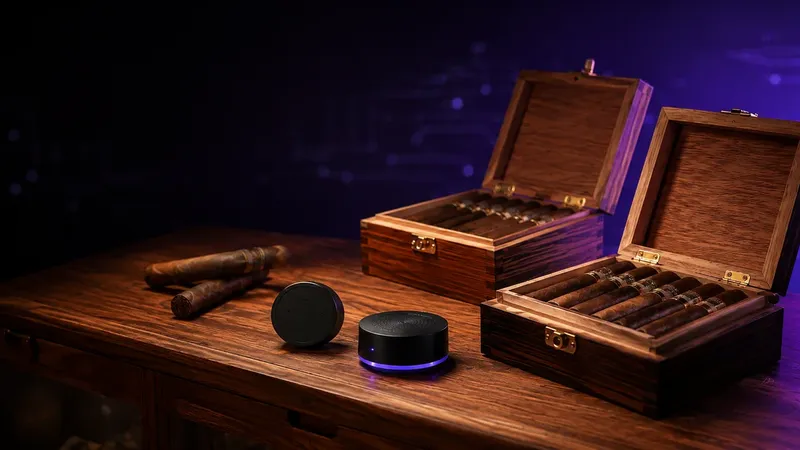 Cigar boxes and loose cigars on a Spanish-cedar shelf beside a humidity sensor and humidifier, illustrating walk-in humidor control