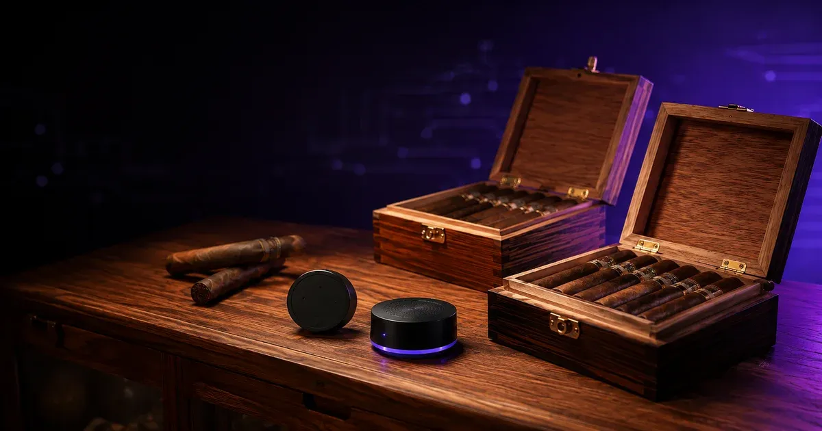 Cigar boxes and loose cigars on a Spanish-cedar shelf beside a humidity sensor and humidifier, illustrating walk-in humidor control