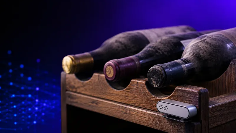 Dusty aged wine bottles in an oak rack beside a small climate sensor, illustrating wine-cellar temperature and humidity monitoring