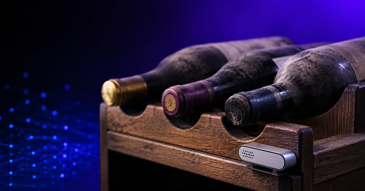 Dusty aged wine bottles in an oak rack beside a small climate sensor, illustrating wine-cellar temperature and humidity monitoring